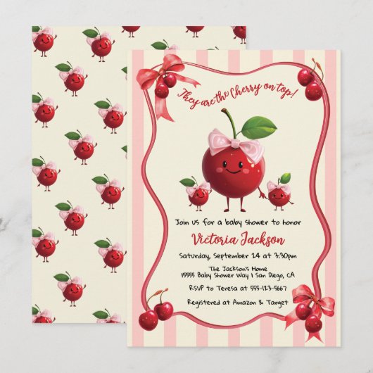 Invitation Maman et jumelles Baby Cherry Baby shower (Devant / Derrière)