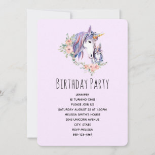 Invitation Maman Licorne Mignonne & Bébé Anniversaire Aquarel