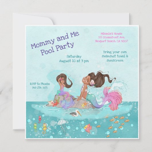 Invitation Maman & Me Pool Girly Turquoise rose sirènes (Devant)