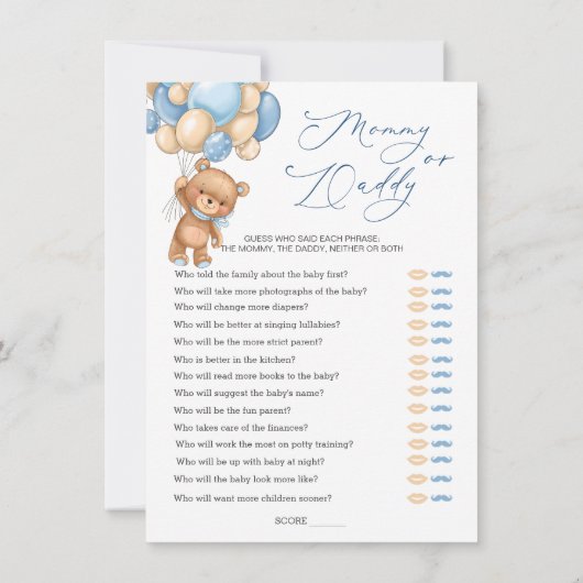 Invitation Maman ou papa Jeu Baby shower Ours Ballons (Dos)