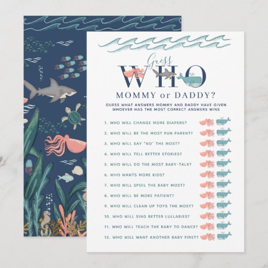 Invitation Maman ou papa jeu sous le Baby shower de la mer (Devant / Derrière)