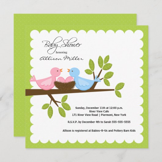 Invitation Maman papa oiseaux avec des Baby showers multiples (Devant / Derrière)