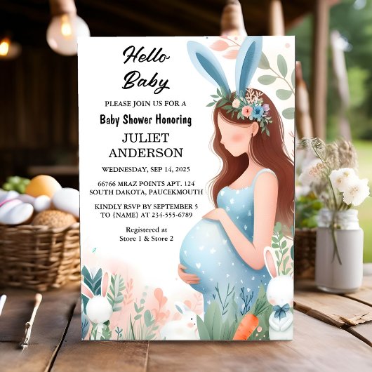 Invitation Maman sera Oar Hop Blue Pink Bunny Baby shower