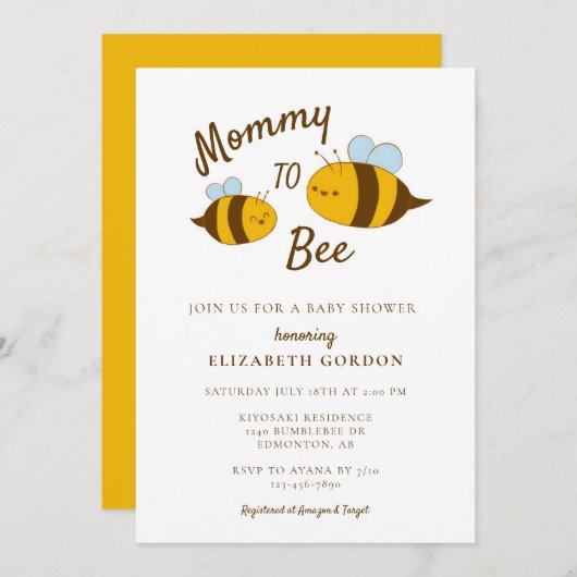 Invitation Maman to Bee Baby shower Cute Kawaii Neutral (Devant / Derrière)