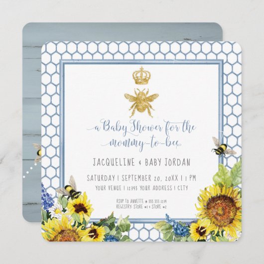 Invitation Maman to Bee Bumblebee Sunflower Gold QR Code bébé (Devant / Derrière)