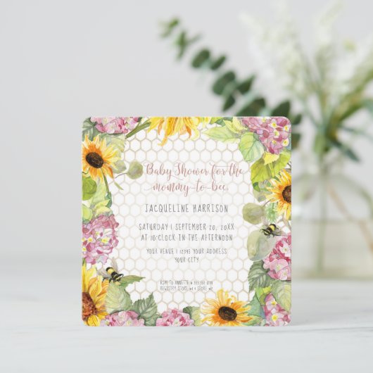 Invitation Maman to Bee Bumblebee Sunflower Rose Hydrangeas (Debout devant)