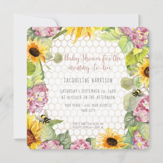 Invitation Maman to Bee Bumblebee Sunflower Rose Hydrangeas (Devant)