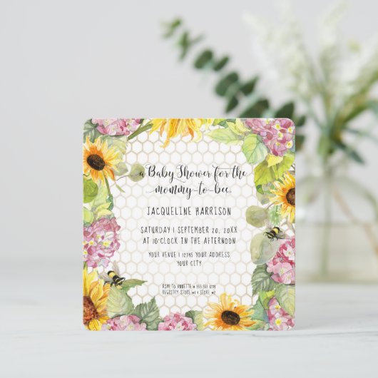 Invitation Maman to Bee Bumblebee Sunflower rose Hydrangeas I (Debout devant)