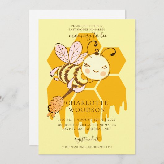 Invitation Maman To Bee Honey Bee Honeypeb Baby shower Invit (Devant / Derrière)