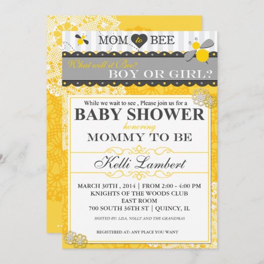 Invitation Maman va au Baby shower des abeilles blanches (Devant / Derrière)