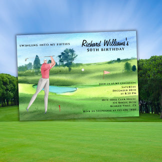 Invitation Man Golf Player Swinging Fifties 50th Birthday