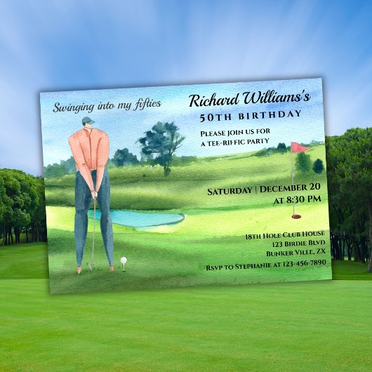 Invitation Man Golf Player Swinging Into My 50th Birthday
