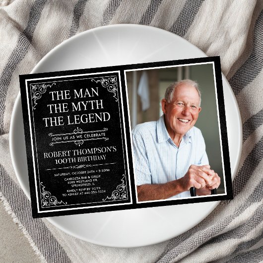 Invitation Man Myth Legend Black 100th Birthday Photo