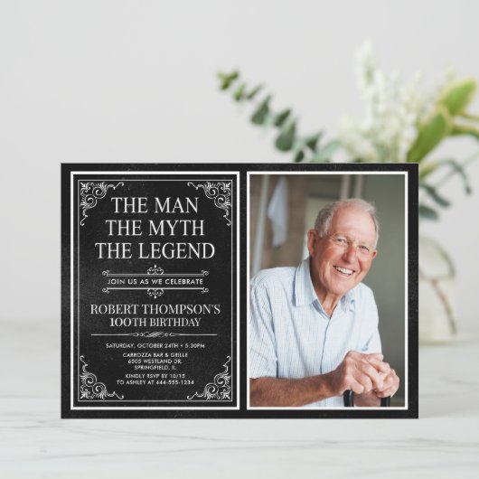 Invitation Man Myth Legend Black 100th Birthday Photo (Debout devant)