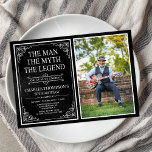 Invitation Man Myth Legend Black 70th Birthday Photo<br><div class="desc">C'Est L'Homme Le Mythe La LÉGENDE ! Sa vie a été une aventure extraordinaire et il est temps de célébrer son héritage et lui. Ce papier noir texturé de type blanc et blanc défilé coin 70ème anniversaire invitation avec l'invité d'honneur photo est parfait pour inviter amis et famille à se...</div>