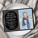 Invitation Man Myth Legend Black Surprise 60th Birthday Photo<br><div class="desc">C'Est L'Homme Le Mythe La LÉGENDE ! Sa vie a été une aventure extraordinaire et il est temps de célébrer son héritage et lui. Ce papier noir texturé de type blanc et blanc rayé coin surprise 60ème anniversaire invitation avec l'invité d'honneur photo est parfait pour inviter amis et famille à...</div>