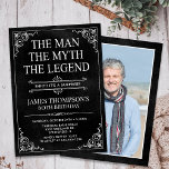 Invitation Man Myth Legend Black Surprise 60th Birthday Photo<br><div class="desc">C'Est L'Homme Le Mythe La LÉGENDE ! Sa vie a été une aventure extraordinaire et il est temps de célébrer son héritage et lui. Ce papier noir texturé de type blanc et blanc rayé coin surprise 60ème anniversaire invitation avec la photo de l'invité d'honneur sur le dos est parfait pour...</div>