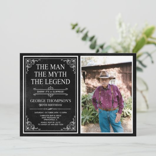 Invitation Man Myth Legend Black Surprise 90th Birthday Photo (Debout devant)