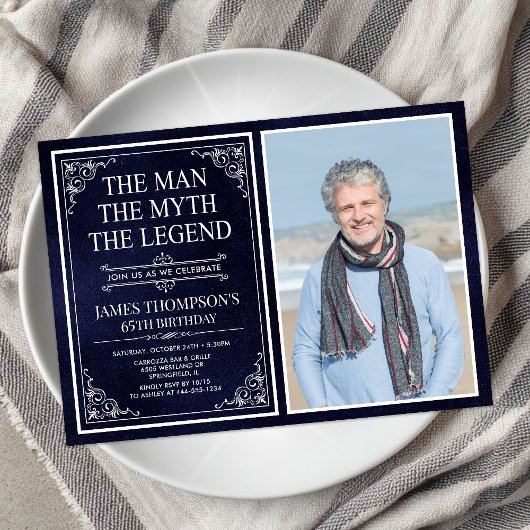 Invitation Man Myth Legend Blue 65th Birthday Photo