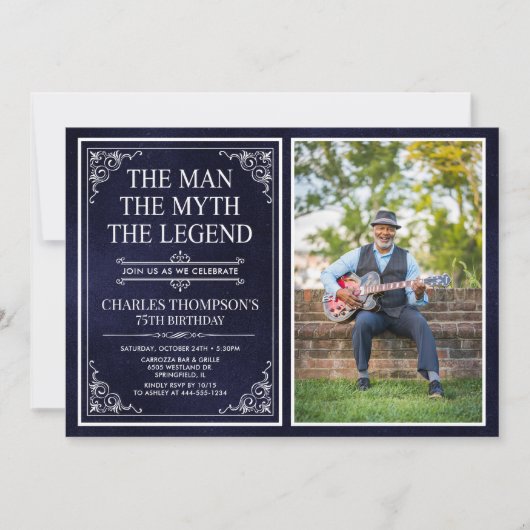 Invitation Man Myth Legend Blue 75th Birthday Photo (Devant)