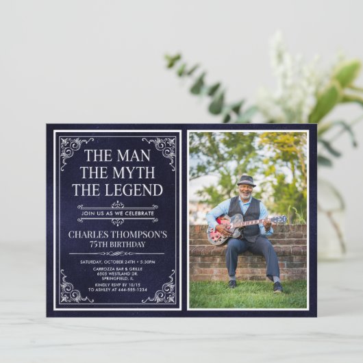Invitation Man Myth Legend Blue 75th Birthday Photo (Debout devant)