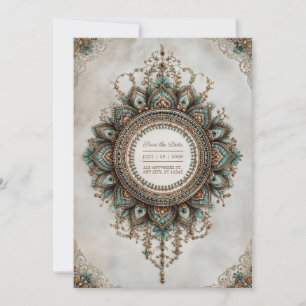 Invitation Mandala Bohème Mariage Élégant Paon Turquoise et O