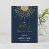 Invitation Mandala de mariage bleu soleil doré abstrait éléga (Debout devant)