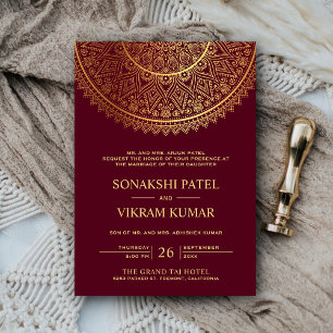 Invitation Mandala de mariage indien traditionnel or de Bourg