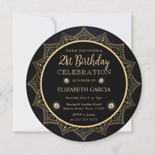 Invitation Mandala élégant noir et or pour 21e anniversaire