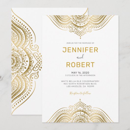 Invitation Mandala en dentelle de paisley doré (Devant / Derrière)