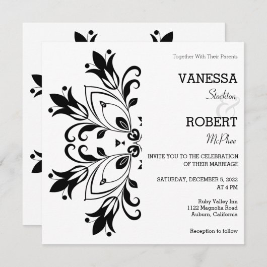 Invitation Mandala Floral Noir (Devant / Derrière)