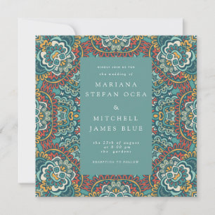 Invitation Mandala géométrique romantique bleu gris et rouge