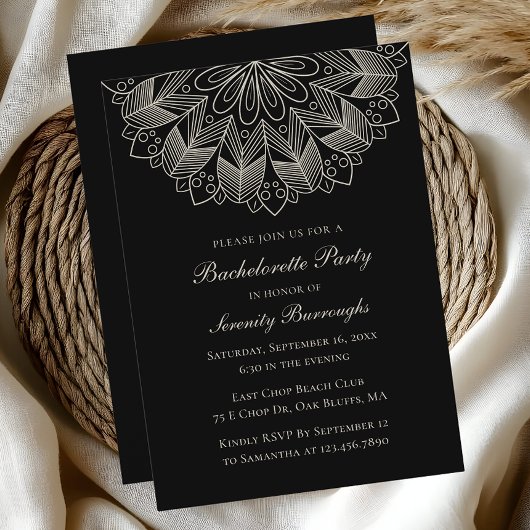 Invitation Mandala indien boho noir enterrement de vie de jeu