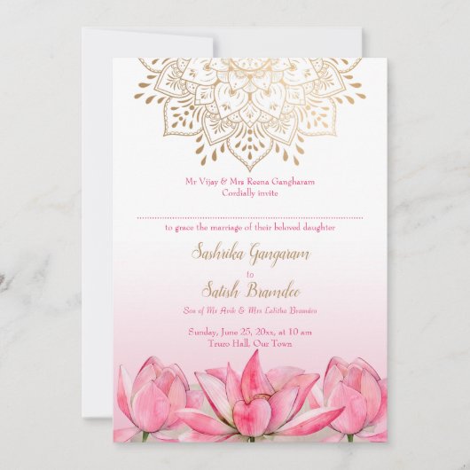 Invitation Mandala indienne en or de lotus rose (Devant)