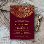 Invitation Mandala Mariage indien d'or de Bourgogne tradition<br><div class="desc">Éblouissez vos invités avec cet élégant faire-part de mariage indien au design de mandala complexe. Ajoutez simplement les détails de votre événement sur ce modèle facile à utiliser pour en faire une invitation unique. Cette carte est entièrement personnalisable. Tous les textes sont modifiables et la couleur arrière - plan peut...</div>