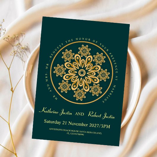 Invitation Mandala mariage indien traditionnel OR VERT