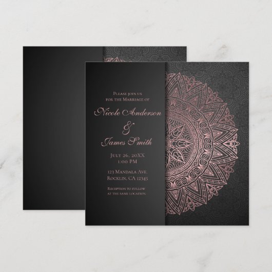 Invitation Mandala noir et or rose élégant mariage (Devant / Derrière)