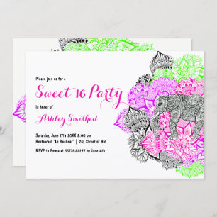 Invitation Mandala rouge de Boho neon rose elephant sucré 16