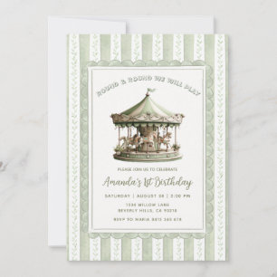 Invitation Manège Carrousel Vert Sauge Fête d'anniversaire 