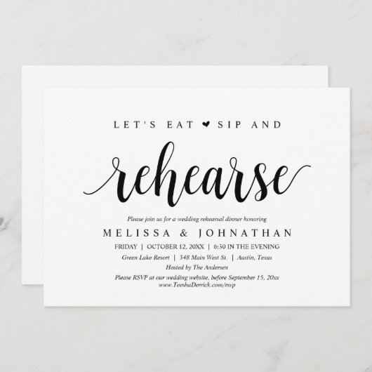 Invitation Mangeons, sirotons et répétitions, dîner Mariage (Devant / Derrière)