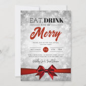 Invitation Manger, Boire Argent Hiver Wonderland Vacances Bow (Devant)