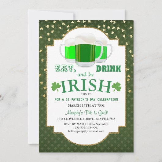 Invitation Manger, Boire, Be Irish St Patrick's Party Invitat (Devant)