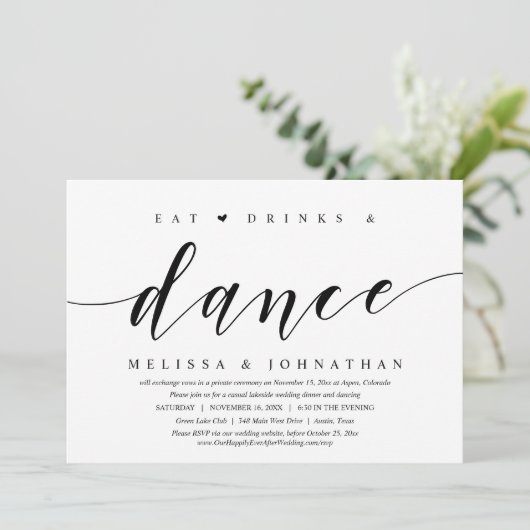 Invitation Manger, Boire et Danser, Mariage Intime (Debout devant)