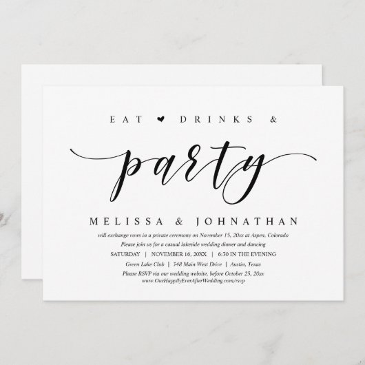 Invitation Manger, Boire et Faire la Fête, Mariage Intime (Devant / Derrière)