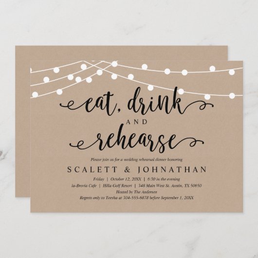 Invitation Manger, boire et répéter, dîner de répétition rust (Devant / Derrière)