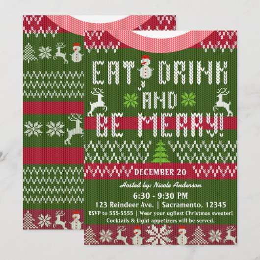 Invitation Manger Boire Joyeux Noël Fête Tricot Pull (Devant / Derrière)