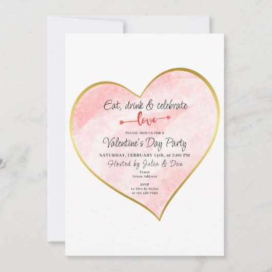 Invitation Mangez Boire & Aimer Aquarelle Or Coeur Vday Party (Devant)