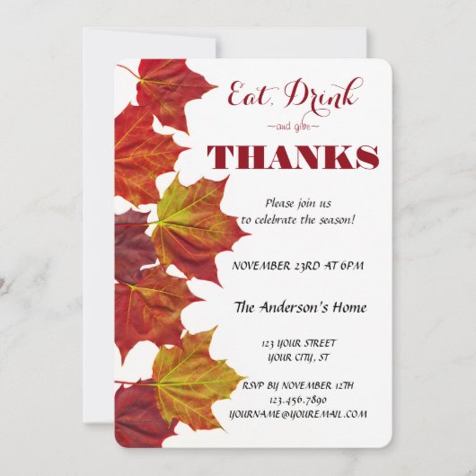 Invitation Mangez Boire & Donnez Merci Feuilles d'Automne Cél (Devant)
