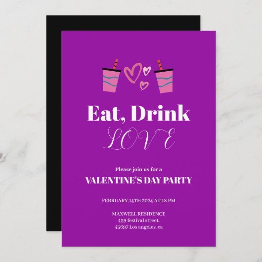 Invitation Mangez Boire et Aimer Saint Valentin fête violet (Devant / Derrière)