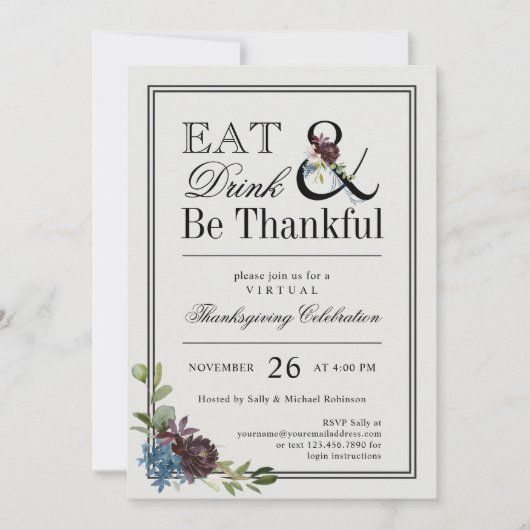 Invitation Mangez Boire et Soyez Gentils Virtual Thanksgiving (Devant)